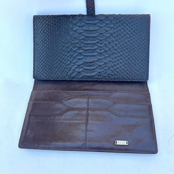 Hugo Boss Vintage Brown Croc-Embossed Tri-Fold Clutch Wallet Billfold Buckle - Picture 6 of 12